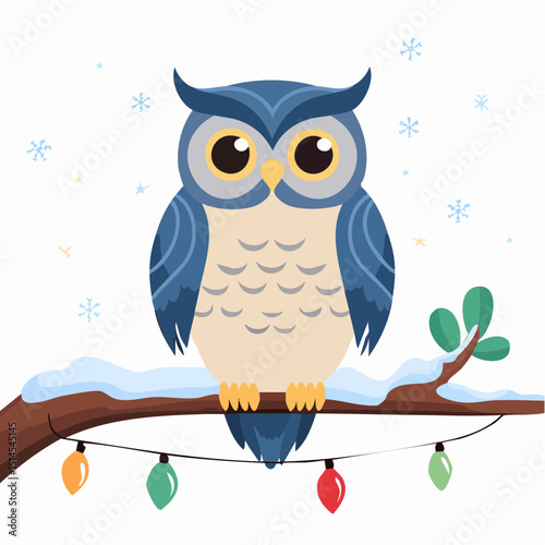 Wise Owl's Winter Perch: A charming illustration of an owl, perched on a snow-covered branch adorned with colorful lights, against a backdrop of falling snowflakes.