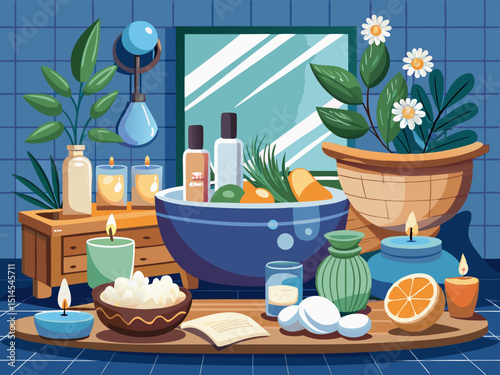 vector of Home spa experience with salt in a wooden bowl in the bathroom, scented candles and skin care products in a calm environment in the bathroom...