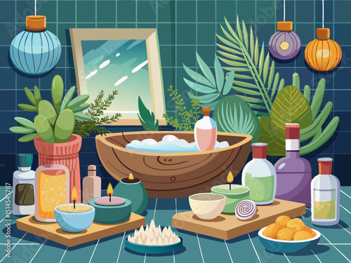 vector of Home spa experience with salt in a wooden bowl in the bathroom, scented candles and skin care products in a calm environment in the bathroom...