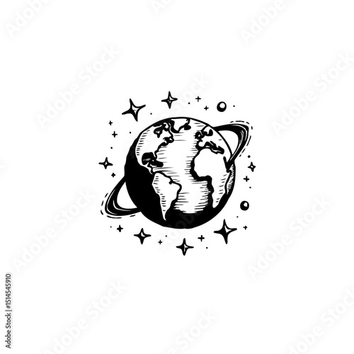 Hand-Drawn Globe Illustration with Stars and Ring Around the Planet on White