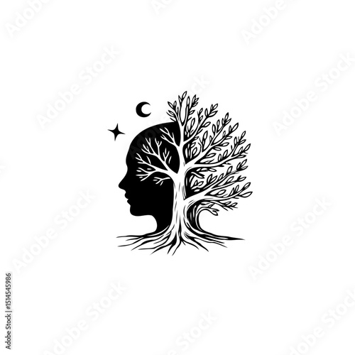 Silhouette of a Human Head with a Tree Growing Out, Concept of Mind and Nature