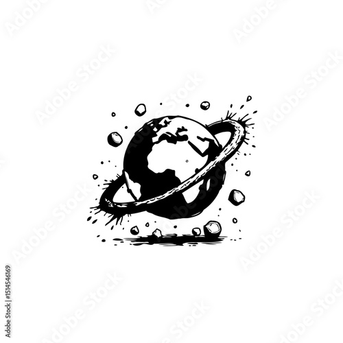 Stylized planet earth with ring and splashes, artistic representation of global