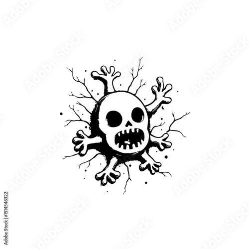 Creepy skull monster emerging from cracks, Halloween themed drawing illustration
