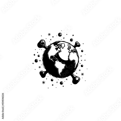 Monochrome Illustration of Earth Globe Encompassed by Bones and Sparkling Particles