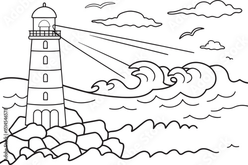 Lighthouse by the Sea Coloring Page Black and White Line Art
