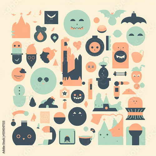 Whimsical Halloween Icons A Collection of Cute and Spooky Geometric Illustrations for Autumn Festivities and Digital Designs