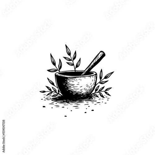 Hand-drawn botanical illustration featuring mortar, pestle, and leaf elements for natural remedies
