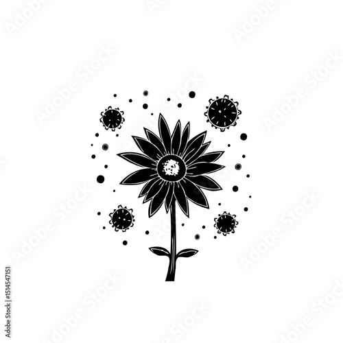 Monochrome Sunflower Silhouette Surrounded by Spherical Forms, A Symbolic Vector Graphic