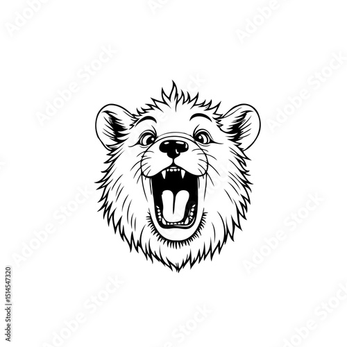 Expressive cartoon bear head with open mouth and detailed line art illustration