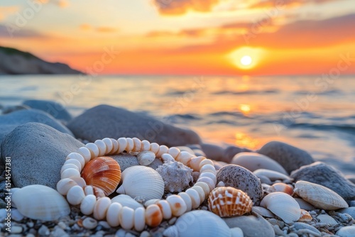 Colorful seashell beads on rocks by the beach during sunset, Strand of seashell beads resting on rocks by beach at sunset
