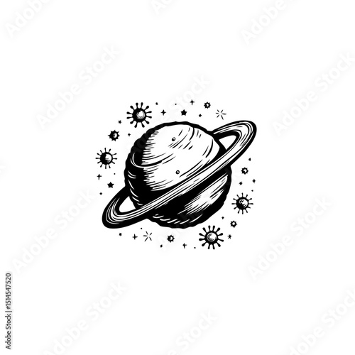 Saturn illustration featuring rings and surrounding celestial elements in monochrome