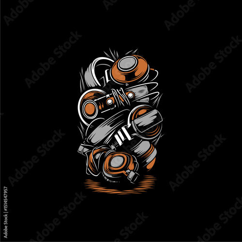 Music Gear Pile with Dark Background.