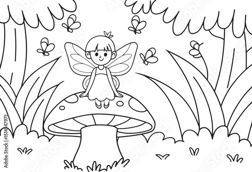 Cute Fairy Sitting on Mushroom Coloring Page – Magical Forest Scene for Kids