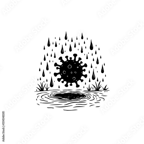 Monochrome artistic representation of coronavirus falling into a puddle illustration