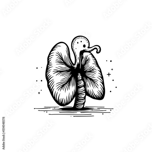 Surreal Human Lungs with Bird-like Features in Monochrome Artistic Illustration