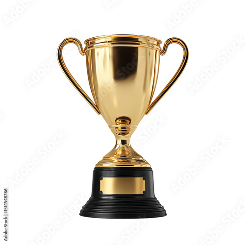 A shiny gold trophy cup with two handles and a black base featuring a blank nameplate
