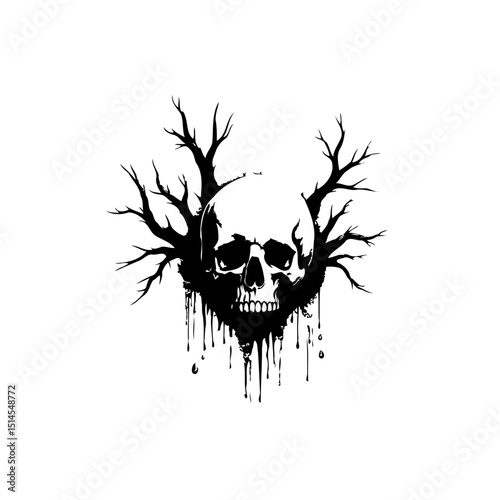 Skull illustration with branches, gothic design for Halloween themed artwork