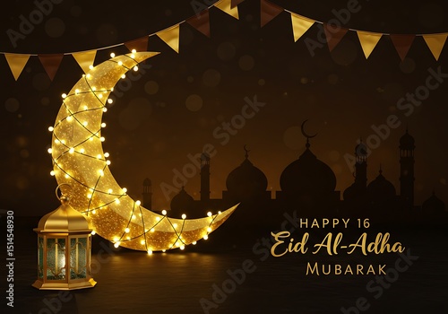 Happy eid al-adha mubarak with crescent moon, lantern and mosque photo