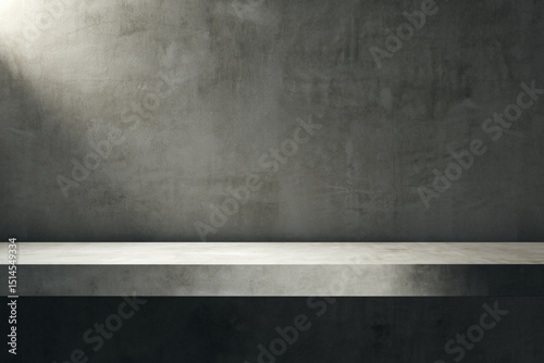 Empty concrete shelf with spotlight on textured grey wall background for product presentation or branding mockup template front view. 3D Rendering photo