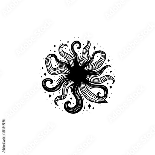 Mystic cosmic sun illustration with swirling rays and celestial elements design
