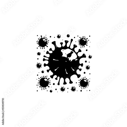 Black and White Vector Illustration of Coronavirus Cell on White Background
