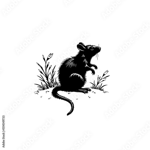 Detailed black and white illustration of a curious rat amidst wild grass stalks