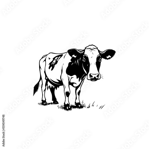 Monochrome vector illustration of a cow standing in a field of grass