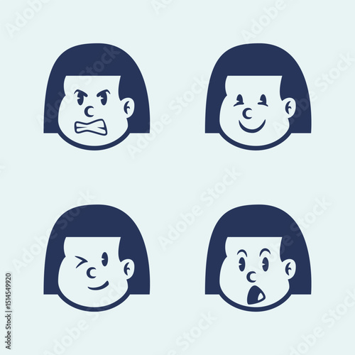 Vector cartoon of a little girl with straight hair showing 4 emotions: happy, cheerful, talking, and sad. Perfect for education, UI emoji packs, or emotional learning content
