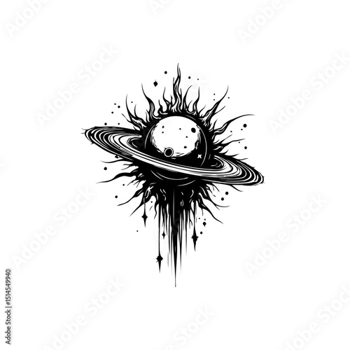 Monochrome Illustration of a Celestial Body with Rings and Ethereal Emanations