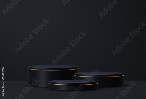 Elegant black 3D podium with gold accent on dark background. Perfect for luxury product display, cosmetics, branding, or promotional visuals.