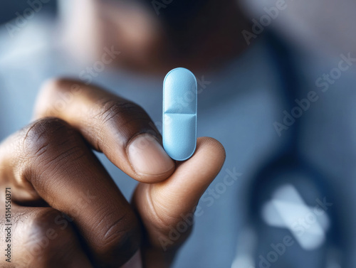 Health professional holds blue capsule in hand during consultation