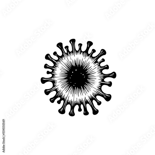 Monochrome Illustration of a Corona Virus Cell Structure on a White Background