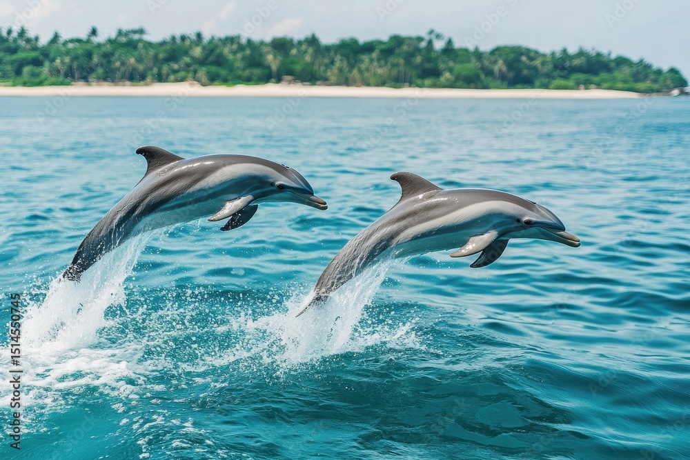 Fototapeta premium Dolphins jumping in the clear waters of Trincomalee, Sri Lanka during a sunny day, Sri Lanka Trincomalee travel destination Dolphins jump out water
