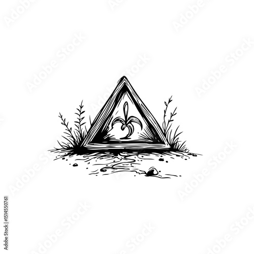 Warning: Biological Hazard Sketch - Hand-Drawn Triangle Sign with Plant Inside