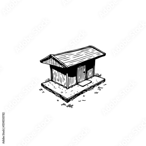 Simple cartoon illustration of a small, rustic building on a concrete base