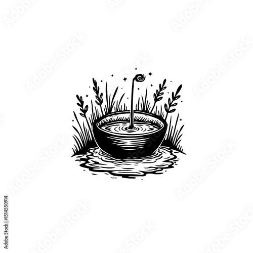 Mystical black and white illustration of a bowl filled with water and a sprout