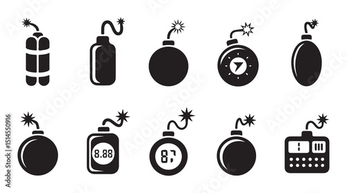 a set of various bomb and time bomb icons in solid black silhouettes against a white background.