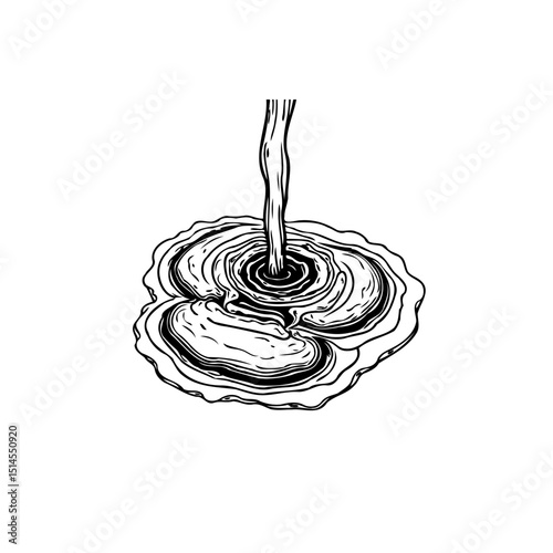 Monochrome illustration of liquid being poured, creating a ripple effect on surface