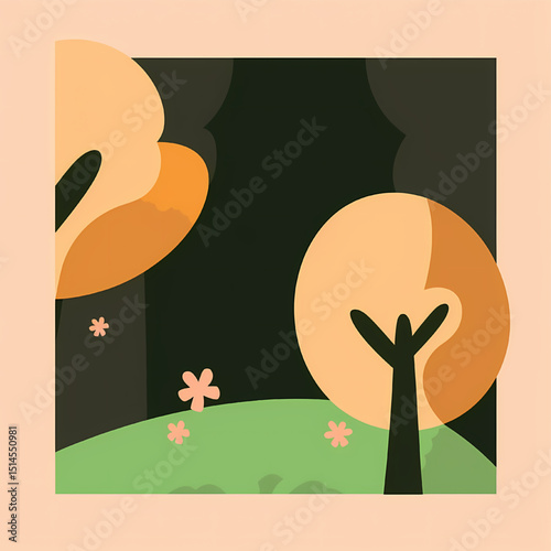 Abstract Autumnal Park Scene Stylized Trees, Soft Colors, and Gentle Serenity