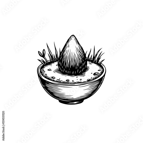 Hand-drawn illustration of a seed in a bowl surrounded by plants, in black and white