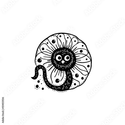 Whimsical Creature: A Cute Black and White Cartoon Character Illustration on White Background
