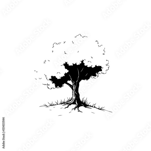 Black and white illustration showcasing a solitary tree on a small hill artwork
