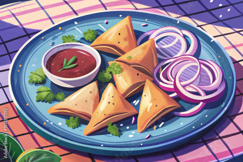 Amazing Spicy Potato Samosas with Ketchup and Sliced Onions in Plate vector illustration