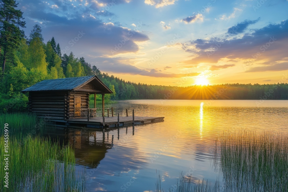 Fototapeta premium Summer sunset at lake cabin surrounded by lush forest reflecting on tranquil waters, Summer sunset at lake cabin near forest Seamless time lapse Photo background