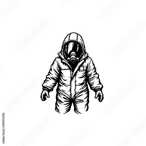 Monochrome illustration of a person in hazmat suit, conveying danger and protection