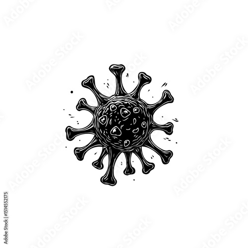 Black and white drawing of a coronavirus cell illustration on a white background