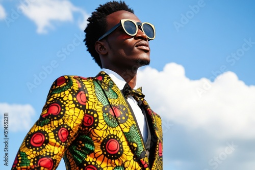Wallpaper Mural Elegant businessman wearing colorful traditional suit and sunglasses looking up at sky Torontodigital.ca