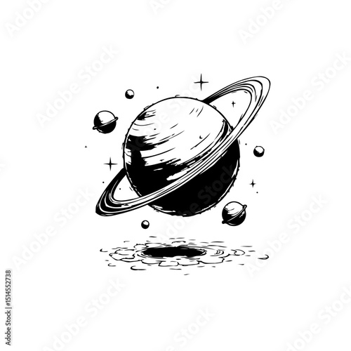 Monochrome illustration of a planet with rings and orbiting celestial bodies