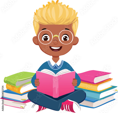 Smiling Boy Reading Books Clipart