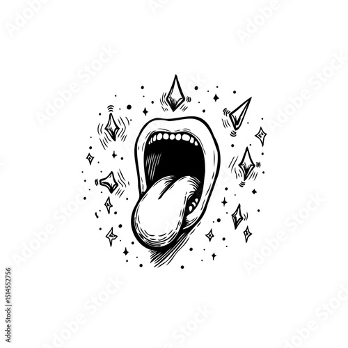 Mystical mouth with protruding tongue surrounded by geometric glittering elements